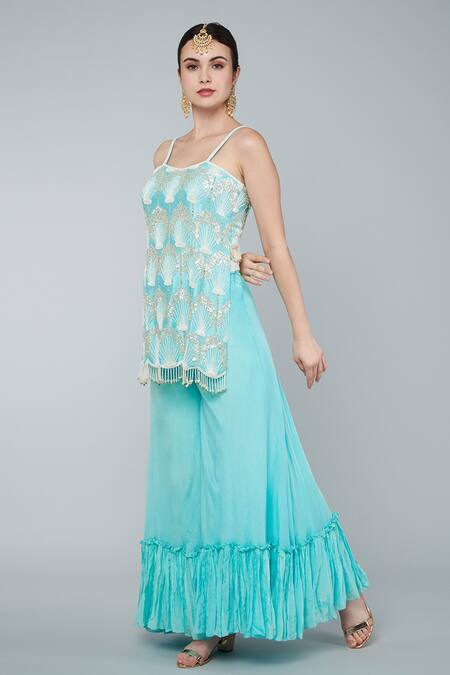 Buy_Keith Gomes_Blue Georgette, Chiffon Crepe Beads And Flower Embroidered Tunic Sharara Set_Online_at_Aza_Fashions