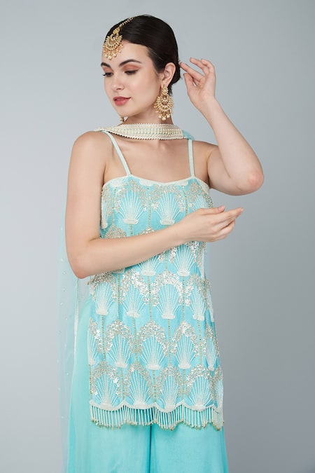 Shop_Keith Gomes_Blue Georgette, Chiffon Crepe Beads And Flower Embroidered Tunic Sharara Set_Online_at_Aza_Fashions