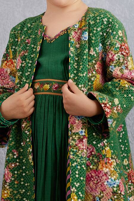 Shop_Torani_Green Jersey, Handloom , Sequins, Panna Qasiba Sitara Chogha Set _Online_at_Aza_Fashions