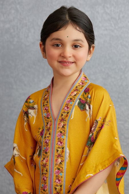 Buy_Torani_Yellow Cotton, Silk Embroidery Sunehra Aqsa Kameez Kaftan Set _Online_at_Aza_Fashions