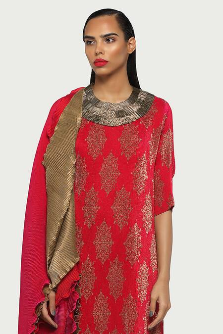 Kiran Uttam Ghosh_Pink Pleated Polyester Round Printed Kurta _Online_at_Aza_Fashions