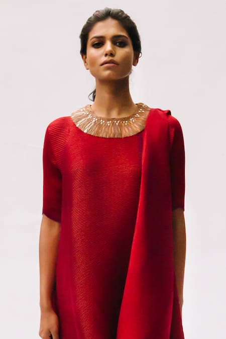 Kiran Uttam Ghosh_Red Pleated Polyester Round Draped Dress_Online_at_Aza_Fashions