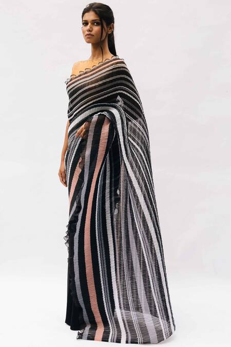 Kiran Uttam Ghosh Black Pleated Striped Saree