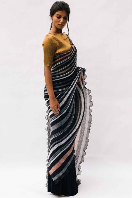 Shop Kiran Uttam Ghosh Black Pleated Striped Saree at Aza Fashions Shop_Kiran Uttam Ghosh_Black Pleated Striped Saree_at_Aza_Fashions