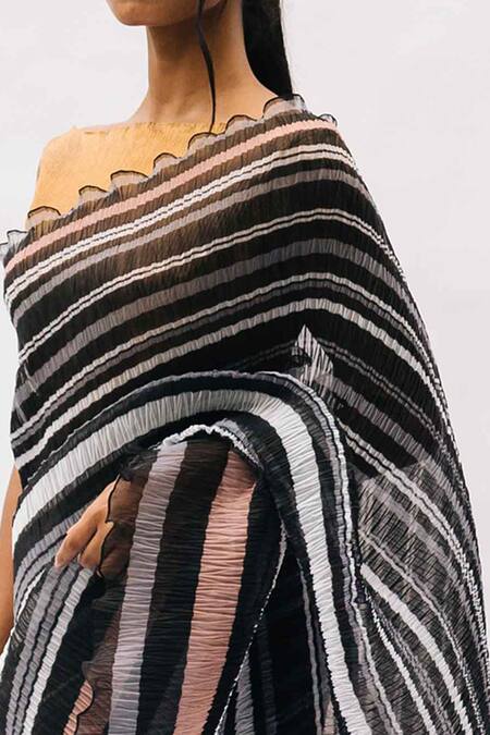 Kiran Uttam Ghosh Black Pleated Striped Saree Online at Aza Fashions Kiran Uttam Ghosh_Black Pleated Striped Saree_Online_at_Aza_Fashions