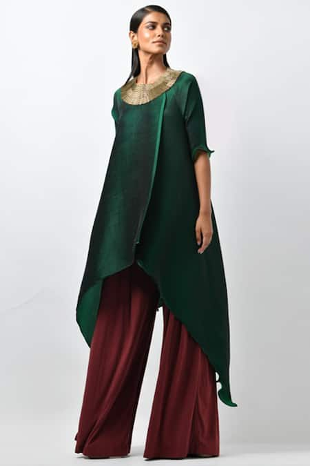 Kiran Uttam Ghosh Green Pleated  Embroidered Tunic