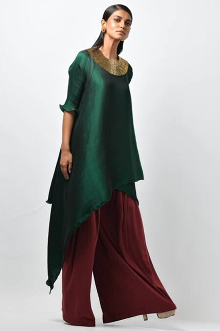 Buy Kiran Uttam Ghosh Green Pleated Embroidered Tunic Online at Aza Fashions Buy_Kiran Uttam Ghosh_Green Pleated Embroidered Tunic_Online_at_Aza_Fashions