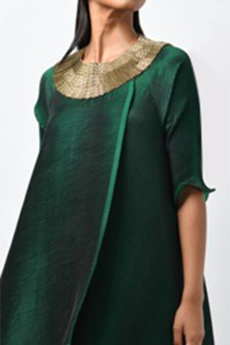 Shop Kiran Uttam Ghosh Green Pleated Embroidered Tunic Online at Aza Fashions Shop_Kiran Uttam Ghosh_Green Pleated Embroidered Tunic_Online_at_Aza_Fashions