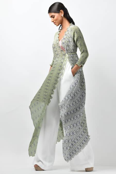 Shop Kiran Uttam Ghosh Green Pleated Polyester Mix V Neck Asymmetric Jacket at Aza Fashions Shop_Kiran Uttam Ghosh_Green Pleated Polyester Mix V Neck Asymmetric Jacket _at_Aza_Fashions