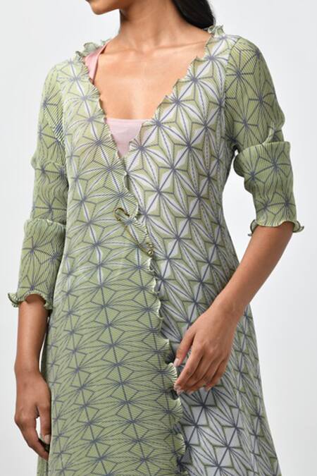 Shop Kiran Uttam Ghosh Green Pleated Polyester Mix V Neck Asymmetric Jacket Online at Aza Fashions Shop_Kiran Uttam Ghosh_Green Pleated Polyester Mix V Neck Asymmetric Jacket _Online_at_Aza_Fashions