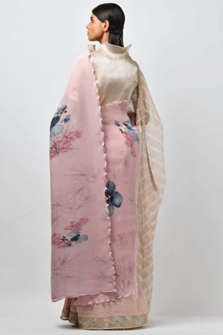 Shop Kiran Uttam Ghosh Pink Pleated Polyester Mix High Neck Printed Saree With Blouse at Aza Fashions Shop_Kiran Uttam Ghosh_Pink Pleated Polyester Mix High Neck Printed Saree With Blouse _at_Aza_Fashions