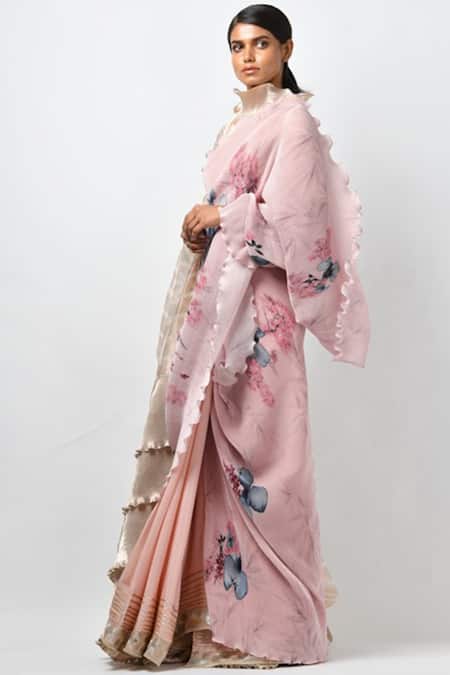 Kiran Uttam Ghosh Pink Pleated Polyester Mix High Neck Printed Saree With Blouse Online at Aza Fashions Kiran Uttam Ghosh_Pink Pleated Polyester Mix High Neck Printed Saree With Blouse _Online_at_Aza_Fashions