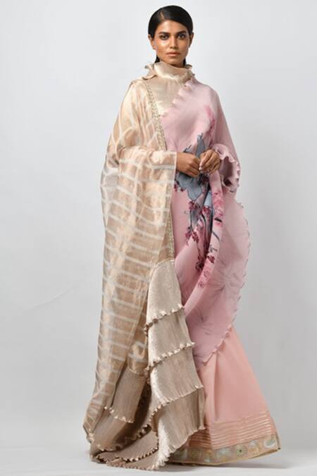 Buy Kiran Uttam Ghosh Pink Pleated Polyester Mix High Neck Printed Saree With Blouse Online at Aza Fashions Buy_Kiran Uttam Ghosh_Pink Pleated Polyester Mix High Neck Printed Saree With Blouse _Online_at_Aza_Fashions