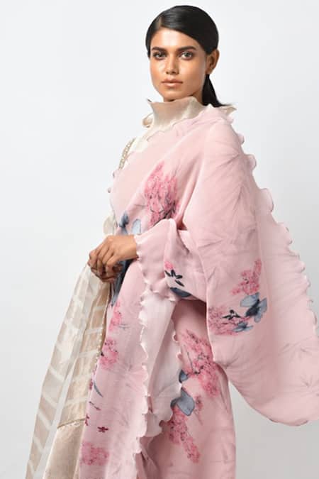 Shop Kiran Uttam Ghosh Pink Pleated Polyester Mix High Neck Printed Saree With Blouse Online at Aza Fashions Shop_Kiran Uttam Ghosh_Pink Pleated Polyester Mix High Neck Printed Saree With Blouse _Online_at_Aza_Fashions