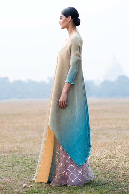 Shop Kiran Uttam Ghosh Yellow Polyester V Neck Pleated Asymmetric Wrap Tunic at Aza Fashions Shop_Kiran Uttam Ghosh_Yellow Polyester V Neck Pleated Asymmetric Wrap Tunic _at_Aza_Fashions