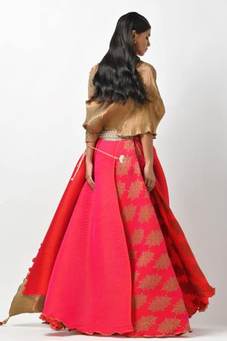 Shop_Kiran Uttam Ghosh_Pink Pleated Metallic Zari Halter Lehenga Set _at_Aza_Fashions