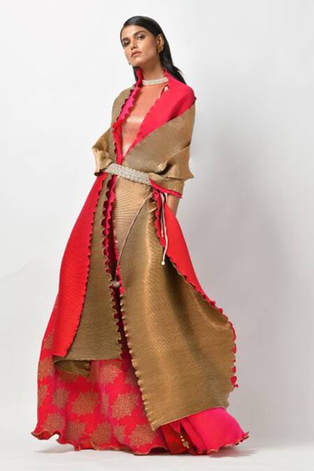 Shop_Kiran Uttam Ghosh_Pink Pleated Metallic Zari Halter Lehenga Set _Online_at_Aza_Fashions
