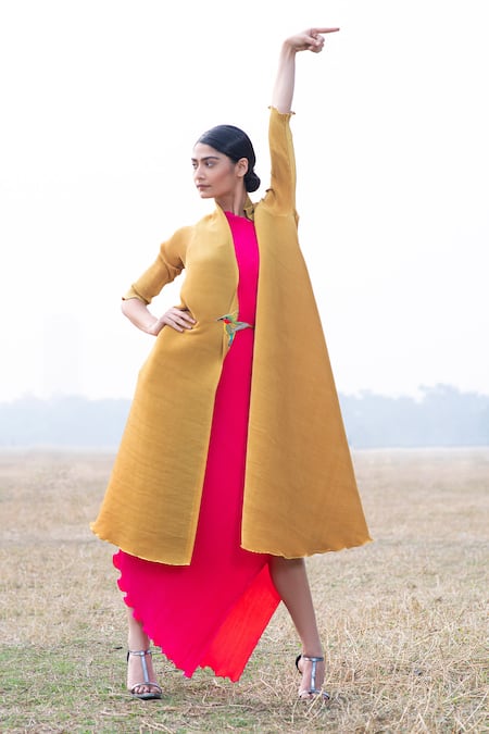 Shop Kiran Uttam Ghosh Yellow Pleated Polyester Long Jacket at Aza Fashions Shop_Kiran Uttam Ghosh_Yellow Pleated Polyester Long Jacket _at_Aza_Fashions