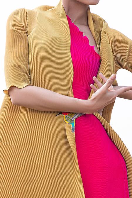 Buy Kiran Uttam Ghosh Yellow Pleated Polyester Long Jacket Online at Aza Fashions Buy_Kiran Uttam Ghosh_Yellow Pleated Polyester Long Jacket _Online_at_Aza_Fashions
