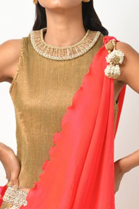Buy_Kiran Uttam Ghosh_Gold Pleated Metallic Zari Round Lehenga Set_Online_at_Aza_Fashions