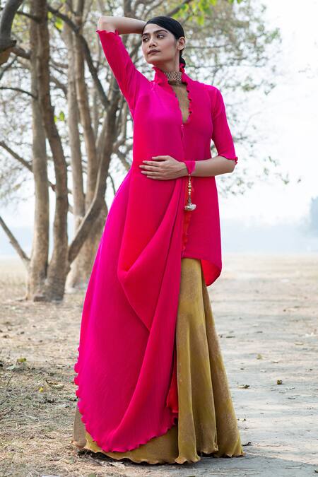 Kiran Uttam Ghosh_Pink Polyester V Neck Pleated Asymmetric Wrap Tunic _Online_at_Aza_Fashions