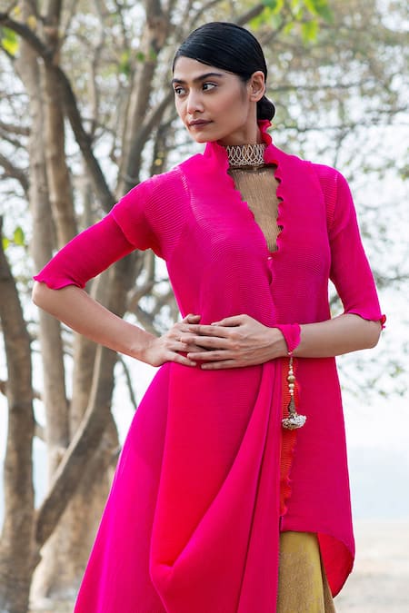 Buy_Kiran Uttam Ghosh_Pink Polyester V Neck Pleated Asymmetric Wrap Tunic _Online_at_Aza_Fashions