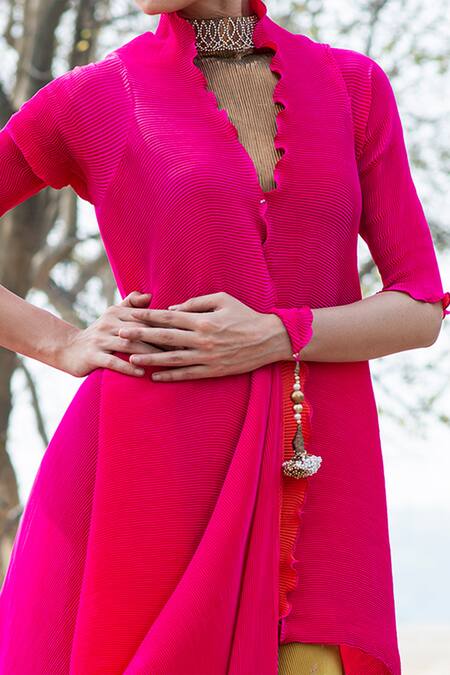 Shop_Kiran Uttam Ghosh_Pink Polyester V Neck Pleated Asymmetric Wrap Tunic _Online_at_Aza_Fashions