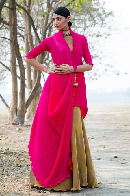 Kiran Uttam Ghosh_Yellow Polyester Pleated Printed Lehenga  _Online_at_Aza_Fashions