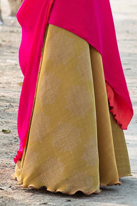 Buy_Kiran Uttam Ghosh_Yellow Polyester Pleated Printed Lehenga  _Online_at_Aza_Fashions