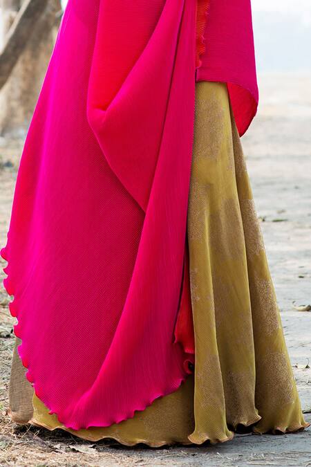 Shop_Kiran Uttam Ghosh_Yellow Polyester Pleated Printed Lehenga  _Online_at_Aza_Fashions