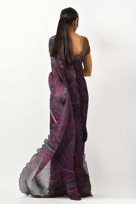 Shop_Kiran Uttam Ghosh_Purple Polyester Printed Pleated Saree  _at_Aza_Fashions
