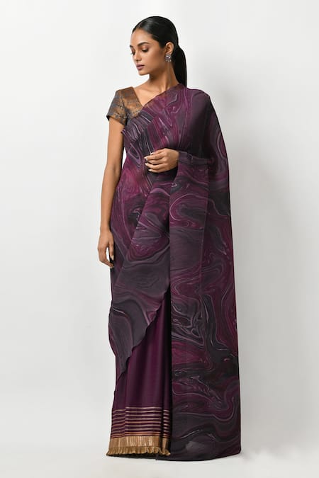 Kiran Uttam Ghosh_Purple Polyester Printed Pleated Saree  _Online_at_Aza_Fashions