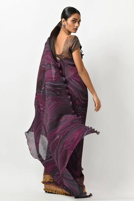 Buy_Kiran Uttam Ghosh_Purple Polyester Printed Pleated Saree  _Online_at_Aza_Fashions