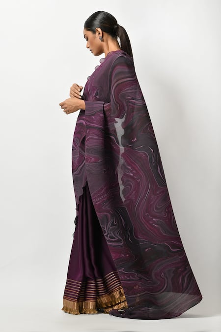 Shop_Kiran Uttam Ghosh_Purple Polyester Printed Pleated Saree  _Online_at_Aza_Fashions