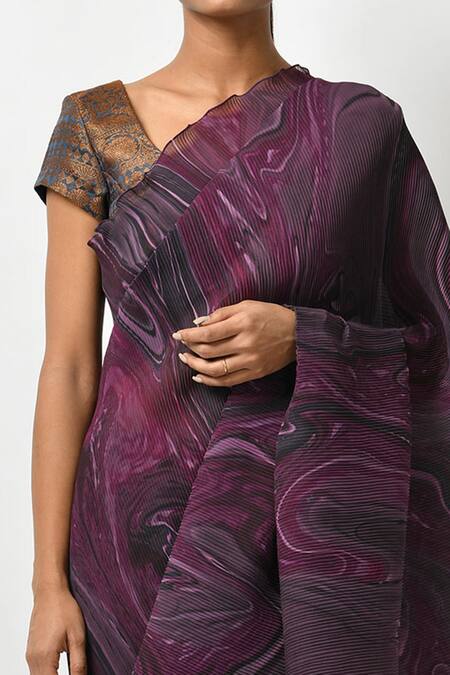 Kiran Uttam Ghosh Purple Polyester Printed Pleated Saree at Aza Fashions Kiran Uttam Ghosh_Purple Polyester Printed Pleated Saree _at_Aza_Fashions