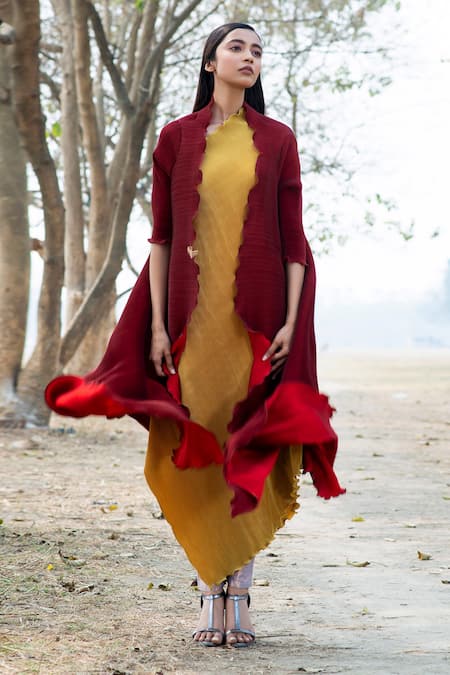 Kiran Uttam Ghosh Maroon Pleated Polyester Long Jacket Online at Aza Fashions Kiran Uttam Ghosh_Maroon Pleated Polyester Long Jacket _Online_at_Aza_Fashions