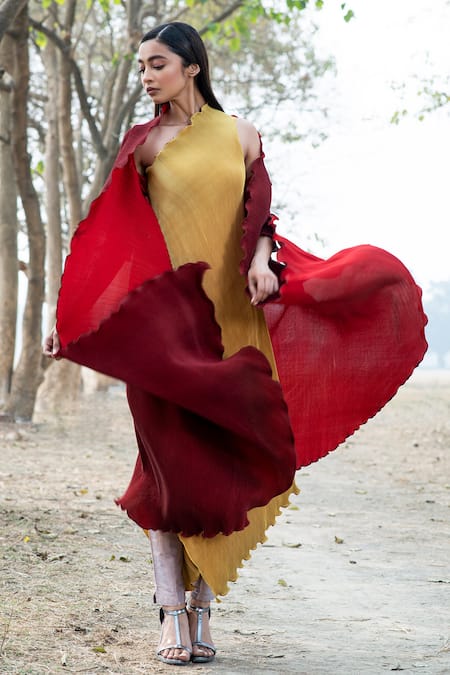 Shop Kiran Uttam Ghosh Maroon Pleated Polyester Long Jacket at Aza Fashions Shop_Kiran Uttam Ghosh_Maroon Pleated Polyester Long Jacket _at_Aza_Fashions