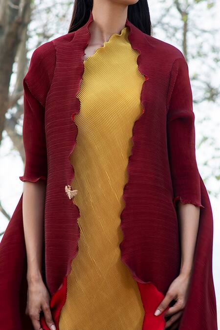 Buy Kiran Uttam Ghosh Maroon Pleated Polyester Long Jacket Online at Aza Fashions Buy_Kiran Uttam Ghosh_Maroon Pleated Polyester Long Jacket _Online_at_Aza_Fashions