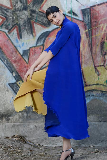 Shop_Kiran Uttam Ghosh_Blue Pleated Polyester Long Jacket  _at_Aza_Fashions