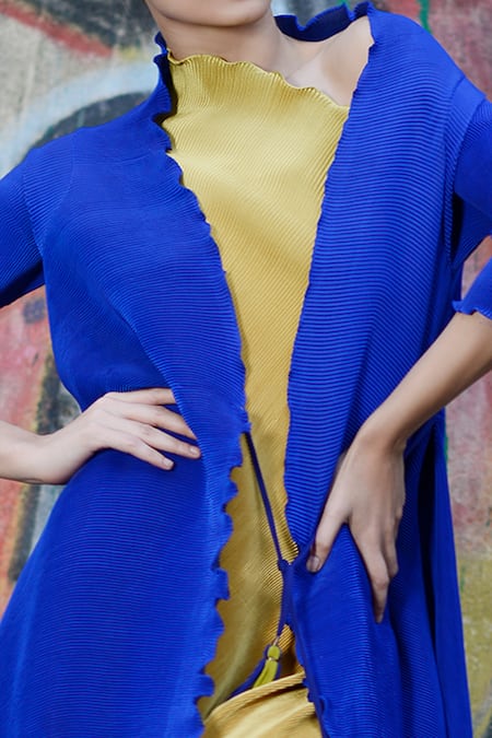 Buy Kiran Uttam Ghosh Blue Pleated Polyester Long Jacket Online at Aza Fashions Buy_Kiran Uttam Ghosh_Blue Pleated Polyester Long Jacket _Online_at_Aza_Fashions