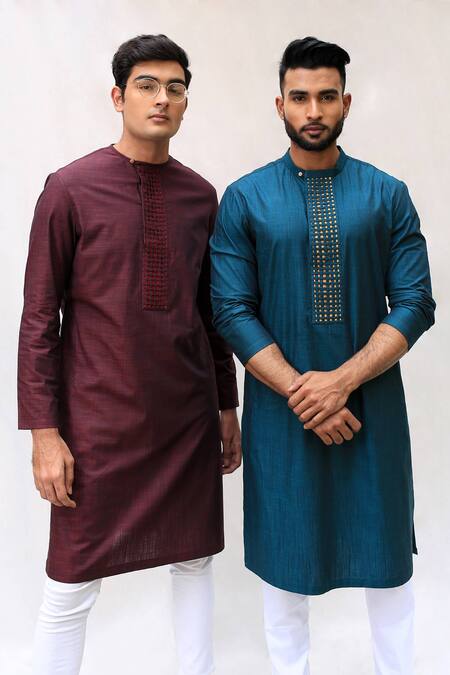 Kaha_Red Cotton Straight Short Kurta_Online_at_Aza_Fashions