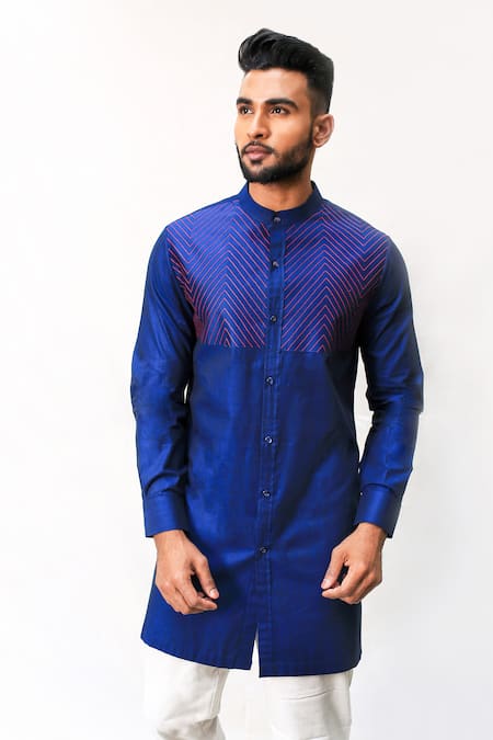 Kaha Blue Cotton Embroidered Shirt Kurta 