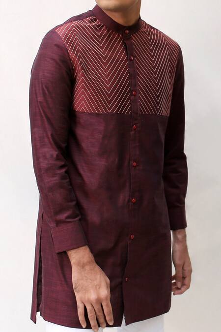 Kaha_Red Cotton Embroidered Shirt Kurta_Online_at_Aza_Fashions