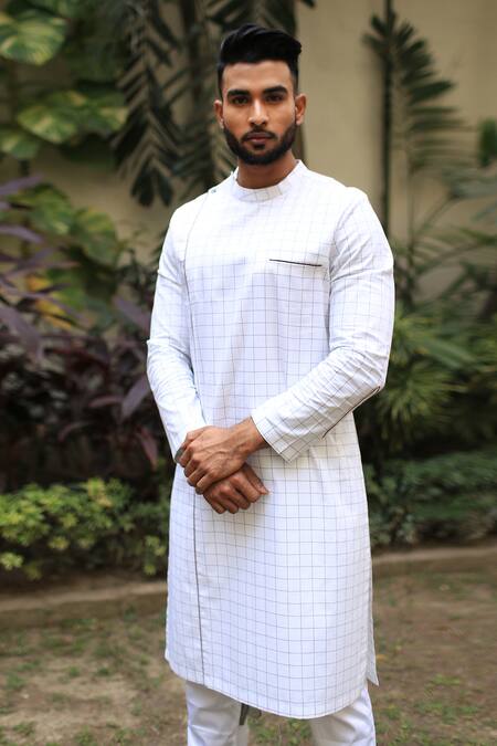 Buy_Kaha_White Italian Cotton Straight Checkered Kurta_Online_at_Aza_Fashions