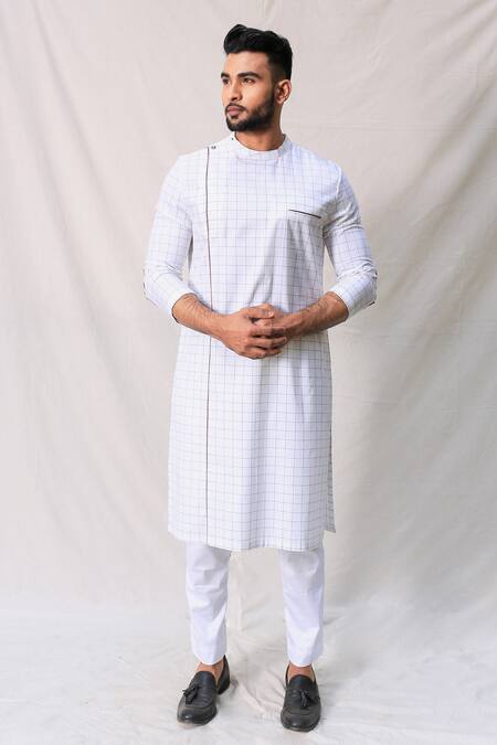 Shop_Kaha_White Italian Cotton Straight Checkered Kurta_Online_at_Aza_Fashions