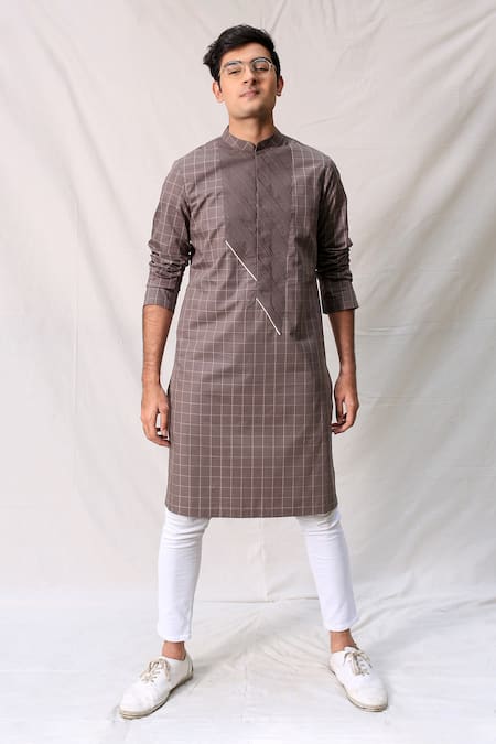 Kaha Brown Italian Cotton Panelled Checkered Kurta 