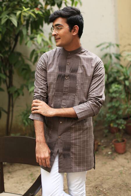 Buy_Kaha_Brown Italian Cotton Pintuck Checkered Kurta_Online_at_Aza_Fashions