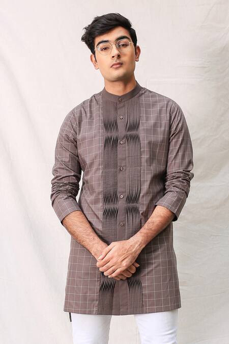 Kaha_Brown Italian Cotton Pintuck Checkered Kurta_Online_at_Aza_Fashions