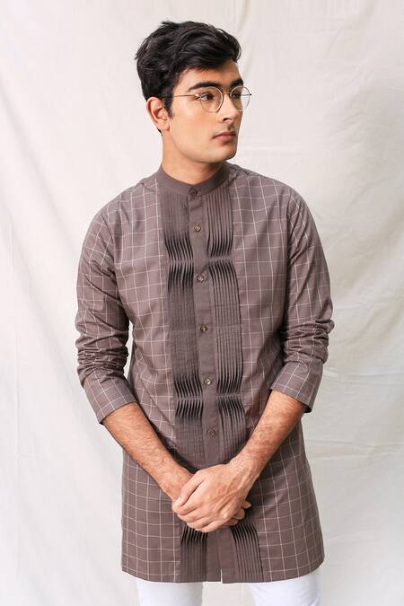 Shop_Kaha_Brown Italian Cotton Pintuck Checkered Kurta_Online_at_Aza_Fashions