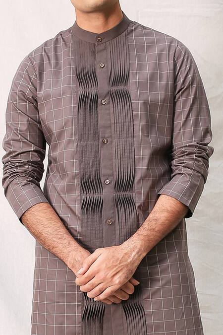 Kaha_Brown Italian Cotton Pintuck Checkered Kurta_at_Aza_Fashions